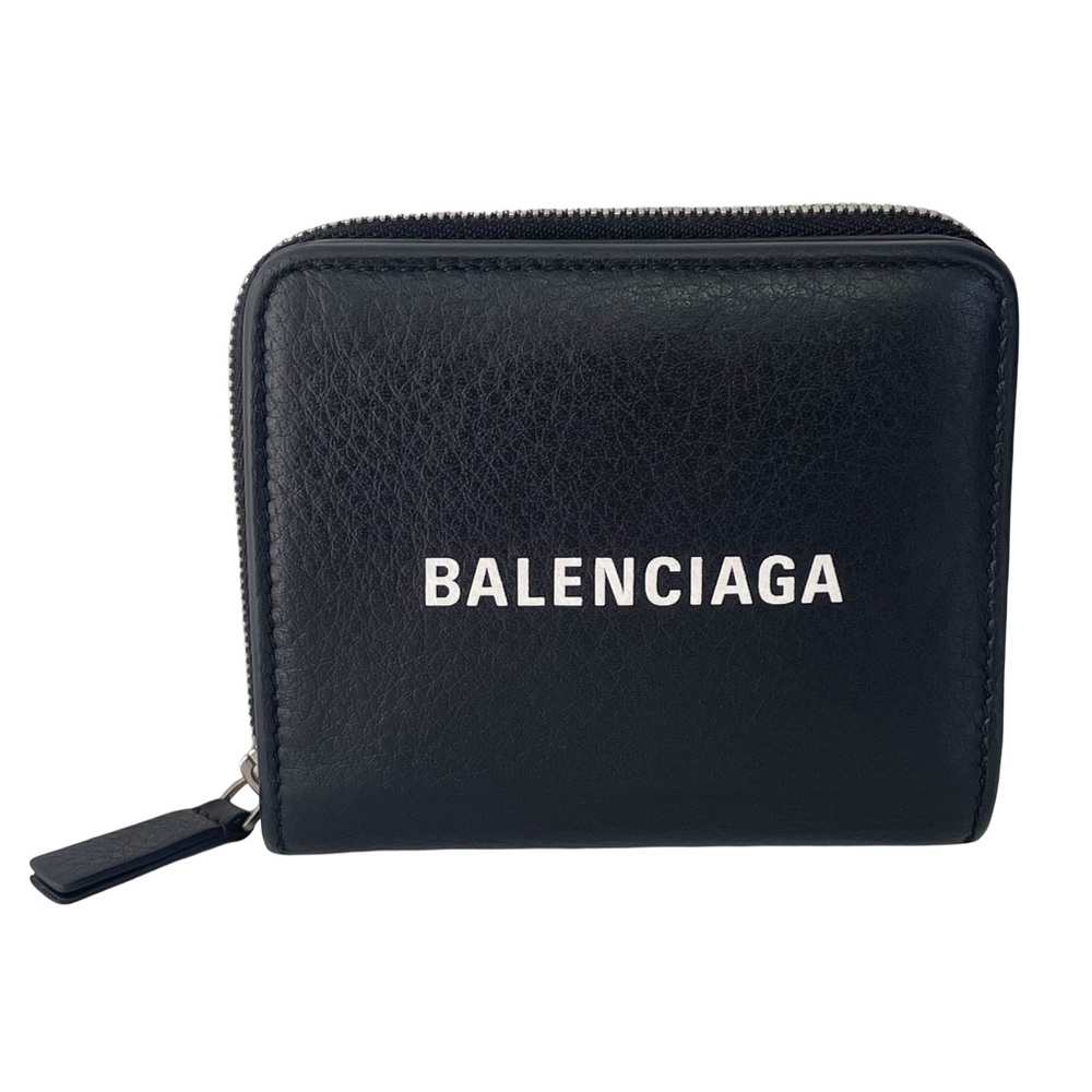 Balenciaga black leather minimal white logo compact zip wallet